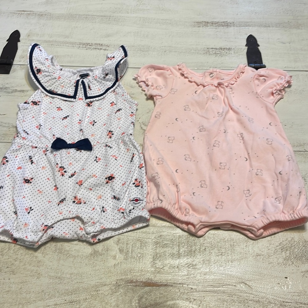 Two super cute one piece outfits.  Brands are Absorba and “Terre de Marins”. 😍